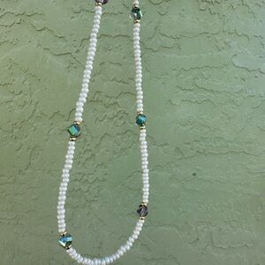 Elegant Pearl and Green Bead Necklace